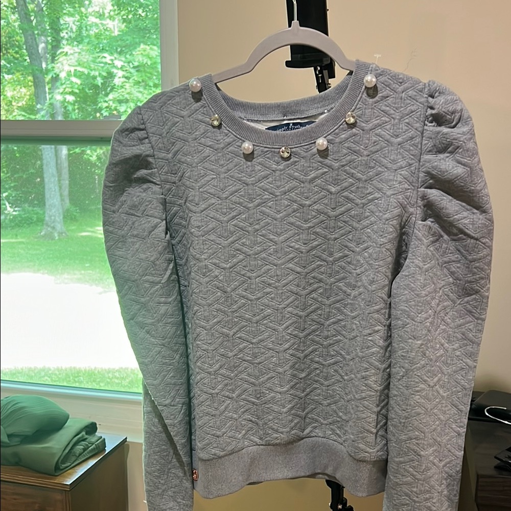 Simply Southern Quilted Pearl-Accent Puff Sleeve Sweatshirt - Gray